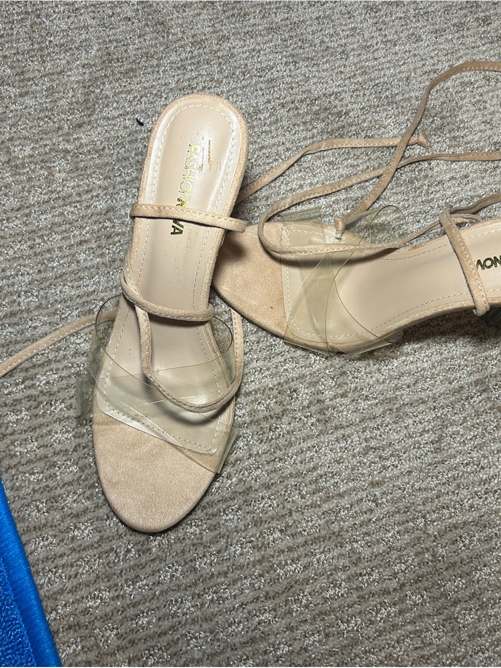 Fashion Nova Nude Clear Strap Lace-Up Heels